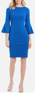 Calvin Klein Blue Bell Sleeve Sheath Dress Womens Size 4 Gold Zipper NEW